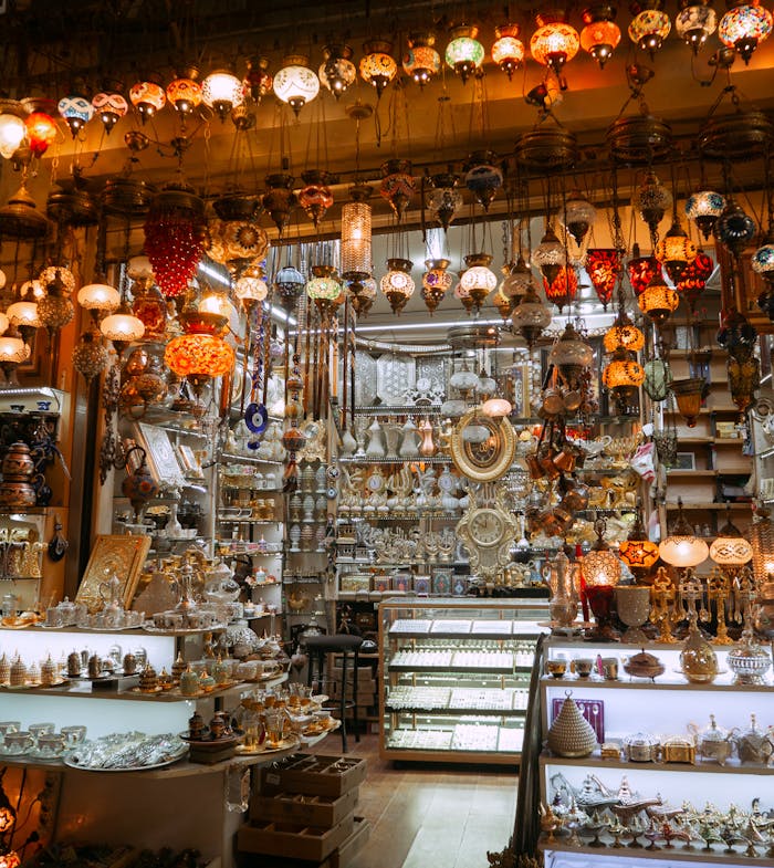 services-05 A colorful display of traditional lamps and souvenirs at an Istanbul market.